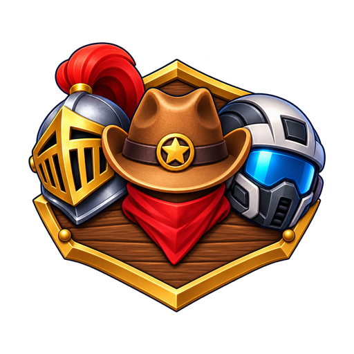 A gold-edged crest uniting a knight’s helmet, cowboy hat, and modern helmet.